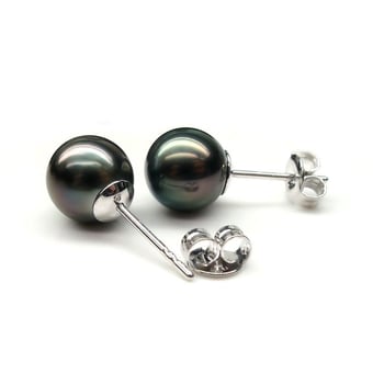 Boucles oreilles clous or blanc. Perles de Tahiti noires