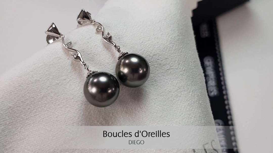 Boucles d'oreilles Diego I Pendant Perles de Tahiti Or Blanc 10/10.5 I Gemperles