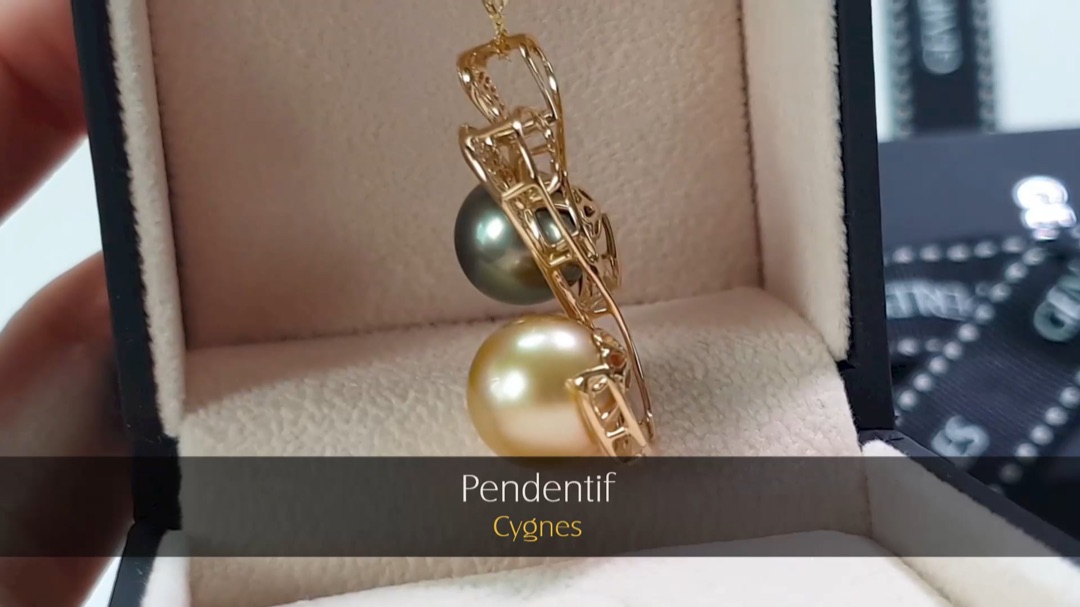 Ciondolo Cygnes - Oro Giallo, Diamanti & Perle dei Mari del Sud 11/12mm, GEMME | Gemperles