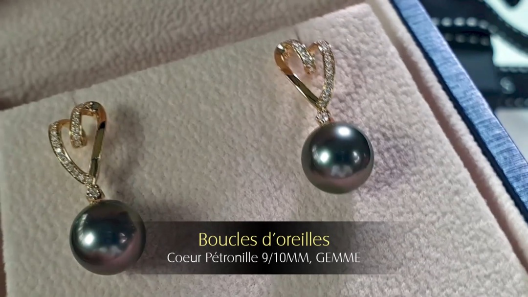 Boucles d'Oreilles Coeur Pétronille - Or Jaune, Diamants & Perles de Tahiti 9/10mm, GEMME | Gemperles