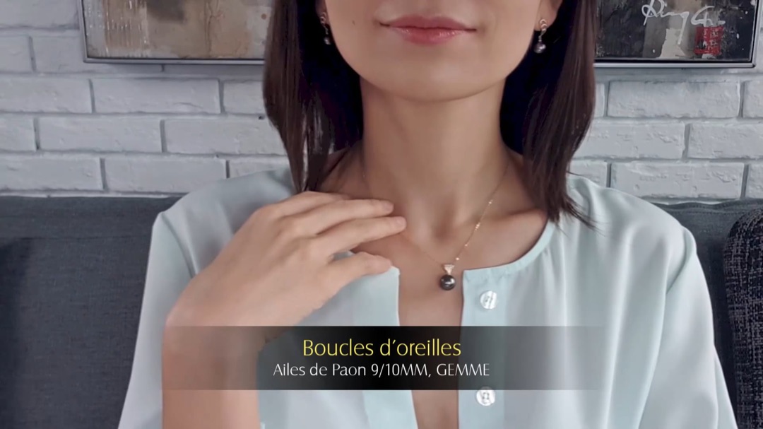 Boucles d'Oreilles Ailes de Paon - Or Jaune, Diamants & Perles de Tahiti 9/10mm, GEMME | Gemperles