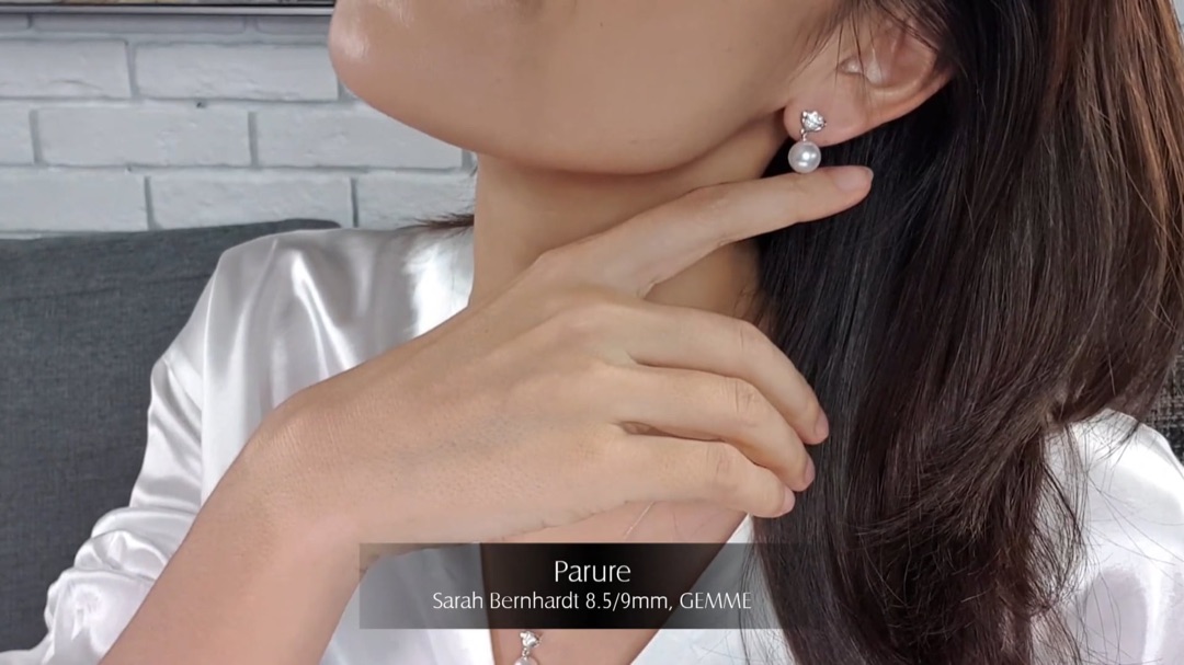 Parure Sarah Bernhardt - Or Blanc, Diamants & Perles Akoya 8.5/9mm, GEMME | Gemperles