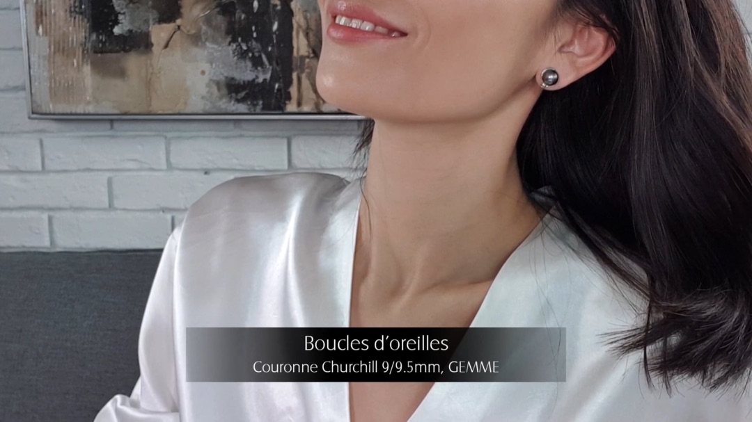 Boucles d'Oreilles Couronne Churchill - Or Blanc, Diamants & Perles de Tahiti 9/9.5mm, GEMME | Gemperles