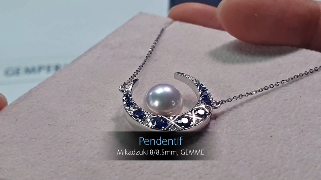 Pendentif Mikadzuki - Or Blanc & Perle Akoya 8/8.5mm, GEMME | Gemperles