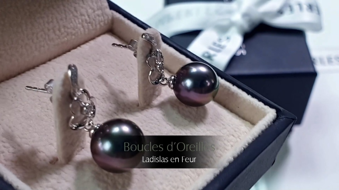 Boucles d'Oreilles Ladislas en Feur - Or Blanc, Diamants & Perles de Tahiti 9/10mm, GEMME | Gemperles