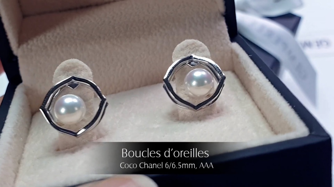 Boucles d'Oreilles Coco Chanel - Or Blanc & Perles Akoya 6/6.5mm, AAA | Gemperles