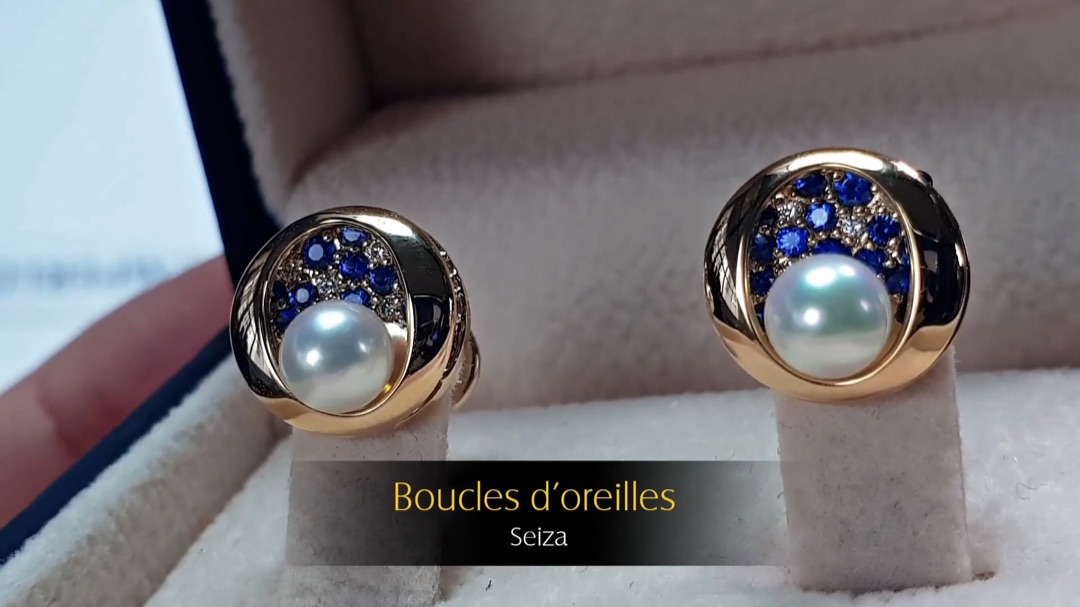 Boucles d'Oreilles Seiza - Or Jaune, Diamants, Saphirs & Perles Akoya | Gemperles
