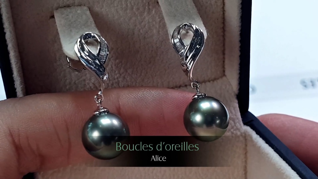 Boucles d'Oreilles Alice - Or Blanc, Diamants & Perles de Tahiti | Gemperles