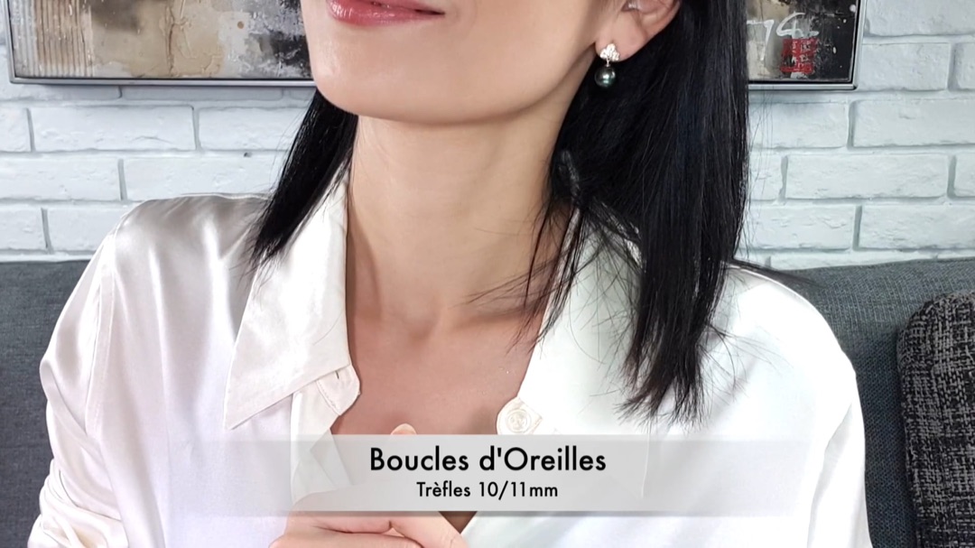 Boucles d'Oreilles Trèfles - Or Jaune, Diamants & Perles de Tahiti 10/11mm, GEMME | Gemperles