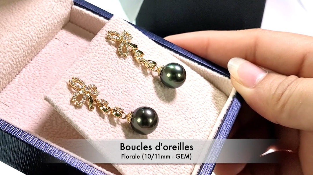 Boucles d'Oreilles Florale - Or Jaune, Diamants & Perles de Tahiti | Gemperles